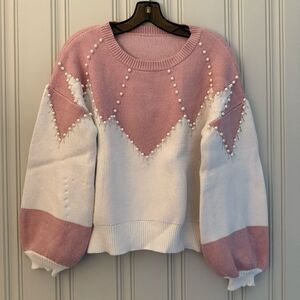 PEARLS: Unique Pink and White Women's Sweater with Pearl and Silver Details